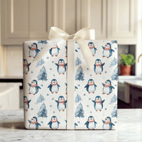 Watercolor Pine Tree Gift Wrap, Adorable Penguin Christmas Wrapping Paper, Winter Penguin Holiday Wrapping Paper, Festive Kids Gift Wrap Roll
