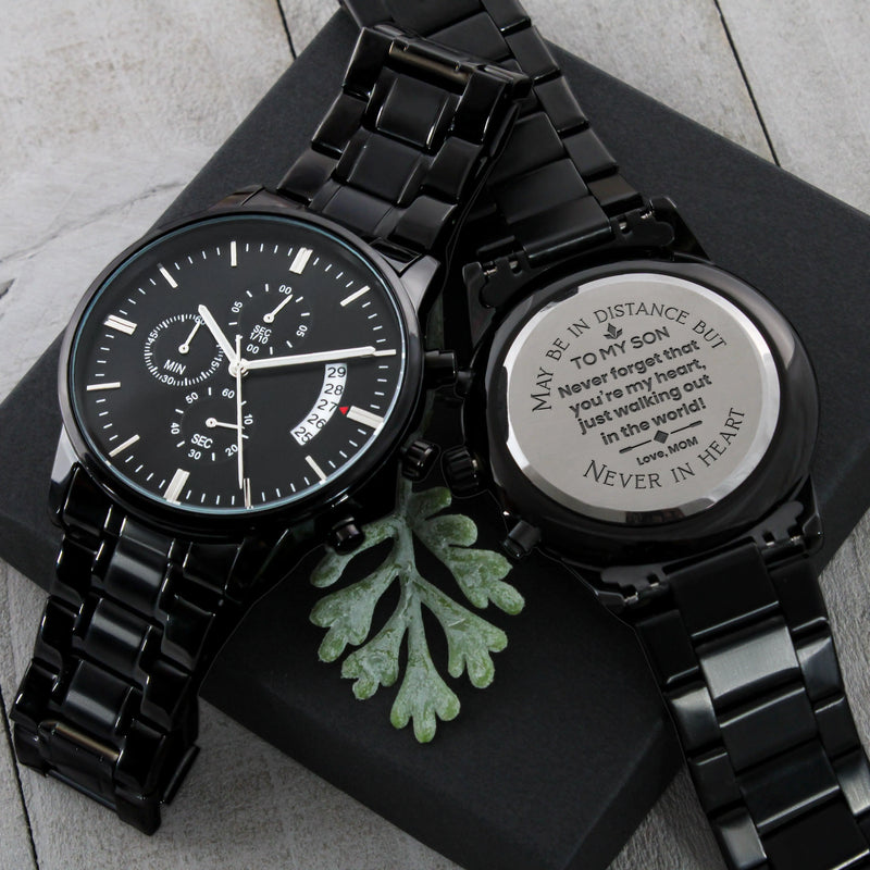 Mens Chronograph Watch, Engraved Black Chronograph Watch for Son, Stainless Steel Wrist Watch, Son Birthday Present, Christmas Keepsake Present
