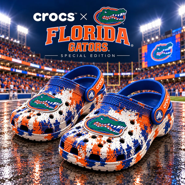 FLA Splatter - Gator Head Clogs in Orange and Blue - main