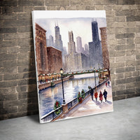 Winter Snow Landscape Canvas Print, Chicago Riverwalk Canvas Art, Christmas Cityscape Canvas Wall Decor, Chicago Skyline Holiday Canvas Present