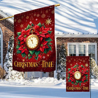 Poinsettia Clock Christmas Flag, Most Wonderful Time of the Year Garden Flag, Double Sided Holiday Garden Flag, Festive Lawn Yard Decor