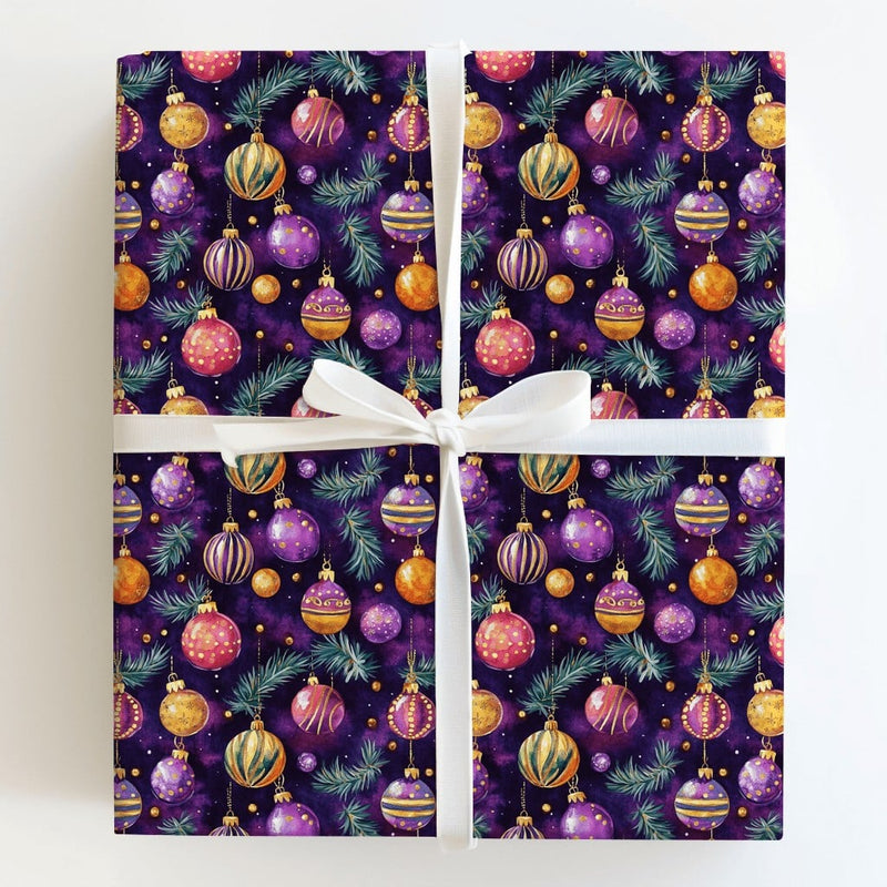 Gold Ornament Gift Wrap Roll, Purple Christmas Wrapping Paper, Elegant Holiday Present Wrap, Festive Xmas Tree Decor Wrapping Paper