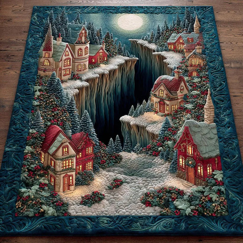 Snowy Twilight Cottage Rug, Christmas Village Area Rug, Winter Landscape Floor Mat, Comfy Holiday Accent Rug, Flannel Seasonal Home Decor
