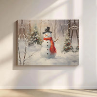 Winter Forest Snowman Painting Print, Snowman Wall Art Canvas, Christmas Holiday Canvas Wall Art, Rustic Winter Wall Decor, Festive Present