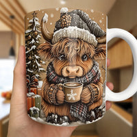 Winter Animal Coffee Mug, Comfy Highland Cow Mug, Knit Hat Scarf Ceramic Cup, Adorable Christmas Tea Mug, Holiday Present for Animal Lovers