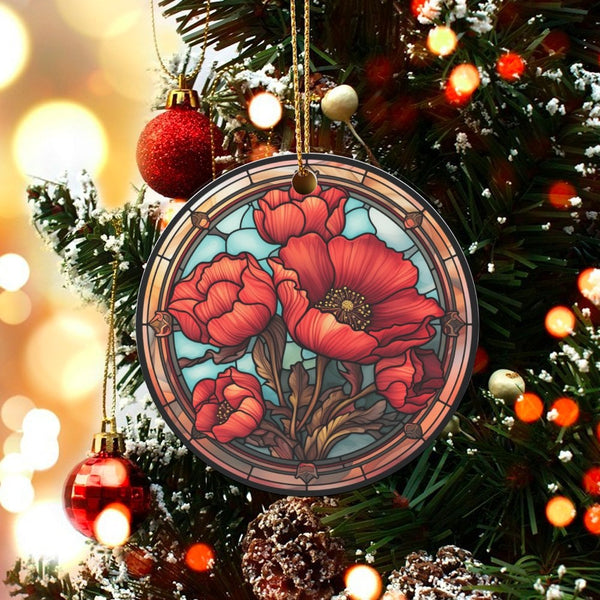 Red Botanical Flower Tree Keepsake, Stained Glass Poppy Ceramic Ornament, Floral Garden Tree Decor, Nature Gardener Christmas