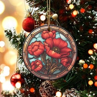 Red Botanical Flower Tree Keepsake, Stained Glass Poppy Ceramic Ornament, Floral Garden Tree Decor, Nature Gardener Christmas Present