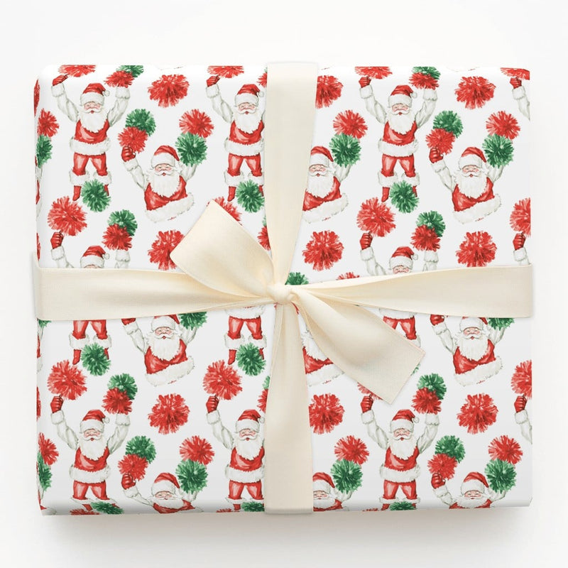 Humorous Pom-Pom Holiday Gift Wrap, Cheerleader Santa Christmas Wrapping Paper, Whimsical Santa Claus Wrapping Paper, Novelty Xmas Gift Wrap