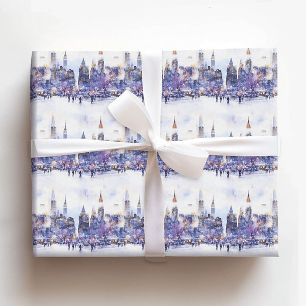 Snowy Ice Skating Park Gift Wrap, New York City Wrapping Paper, NYC Skyline Christmas Wrapping Paper, Watercolor Winter City 