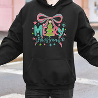 Pastel Tree Red Bow Graphic Sweatshirt, Merry Christmas Hoodie, Coquette Winter Holiday Hooded Pullover, Adorable Xmas Present