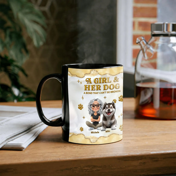Custom Girl and Husky Dog Mug, Dog Mom Personalized Ceramic Mug, Personalized Pet Name Coffee Cup, Christmas Holiday Dog Love