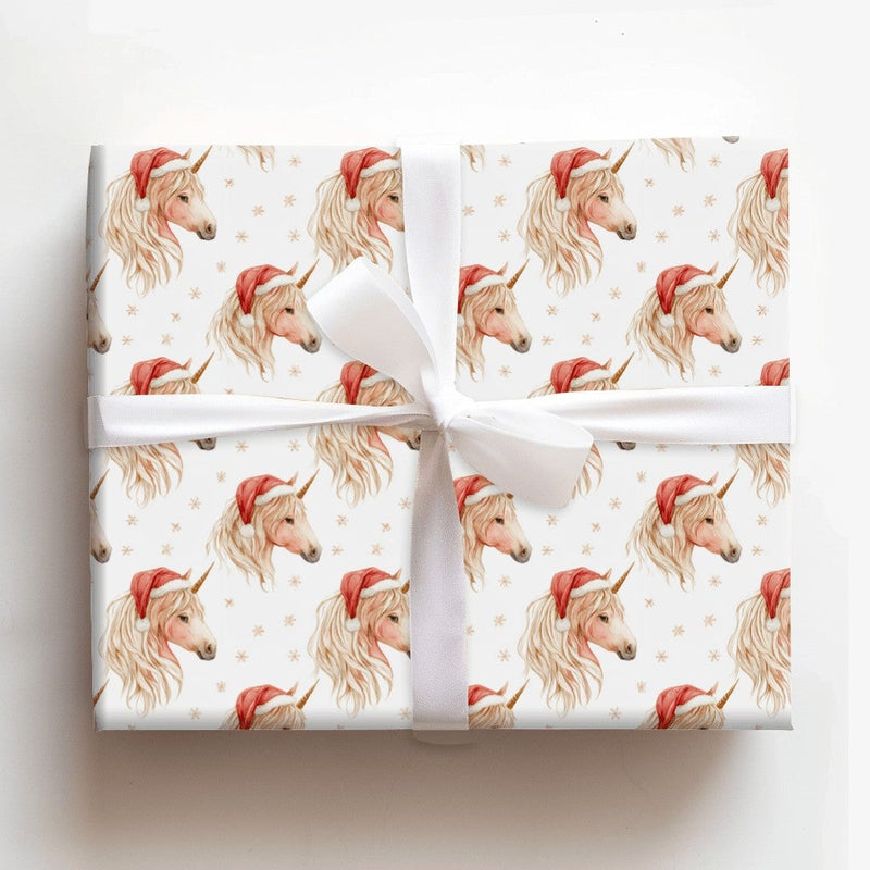 Watercolor Santa Hat Gift Wrap, Christmas Unicorn Wrapping Paper, Magical Fantasy Holiday Present Paper, Kids Xmas Wrapping Roll