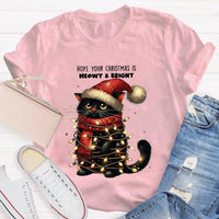 Adorable Holiday Cat Graphic Tee, Meowy and Bright Christmas Cat Teacher T-Shirt, Festive School Teacher Shirt, Humorous Cat Lover Xmas Top
