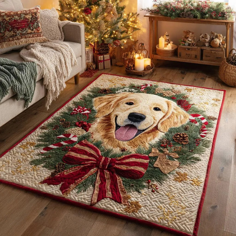 Christmas Dog Holiday Area Rug, Festive Golden Retriever Area Rug, Adorable Puppy Living Room Rug, Washable Non Slip Floor Rug, Dog Lover Present