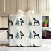 Watercolor Winter Horse Gift Wrap, Friesian Horse Christmas Wrapping Paper, Equestrian Holiday Wrapping Paper, Black Horse Wrapping Paper