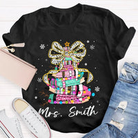 Bow Colored Pencils Snowflake Shirt, Personalized Christmas T-Shirt, Custom Holiday School Graphic Tee, Teacher Present Top
