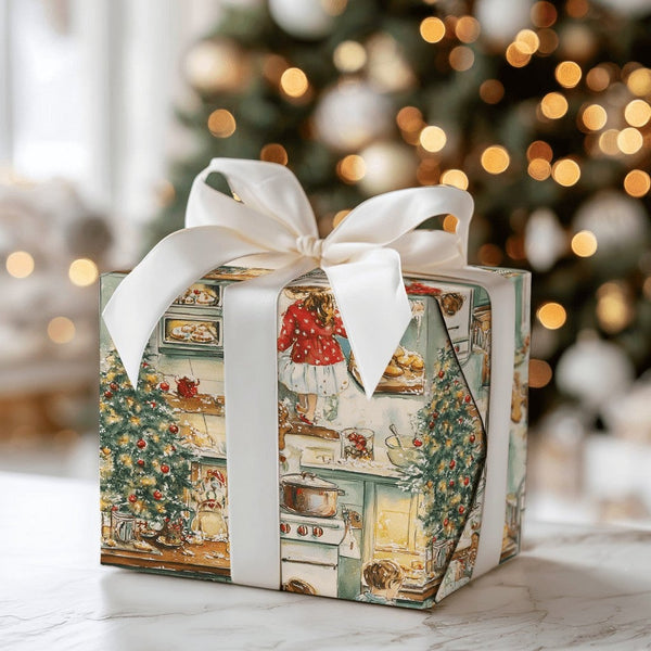 Nostalgic Kitchen Holiday Gift Wrap, Vintage Christmas Baking Wrapping Paper, Storybook Holiday Tree Wrapping Paper, Festive 