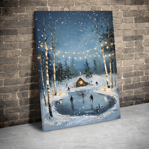 Snowy Cabin Canvas Print, Winter Ice Skating Canvas Wall Art, Fairy Lights Holiday Canvas Decor, Christmas Landscape Artwork,