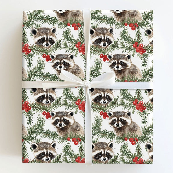 Woodland Animal Gift Wrap Paper, Watercolor Raccoon Christmas Wrapping Paper, Adorable Nature Holiday Wrapping Paper, Xmas Gi
