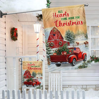 Red Truck Barn Holiday Flag, Farmhouse Christmas Garden Flag, All Hearts Come Home Winter Flag, Rustic Americana Yard Flag Decor