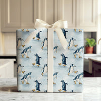 Adorable Winter Animal Gift Wrap, Ice Skating Penguin Christmas Wrapping Paper, Watercolor Holiday Wrapping Paper, Festive Kids Gift Wrap Roll