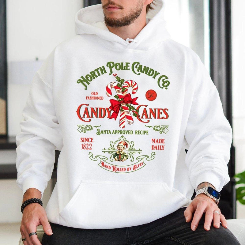North Pole Christmas Sweatshirt, Retro Candy Cane Hoodie, Adorable Vintage Xmas Holiday Pullover, Festive Winter Hooded Sweater, Christmas Present