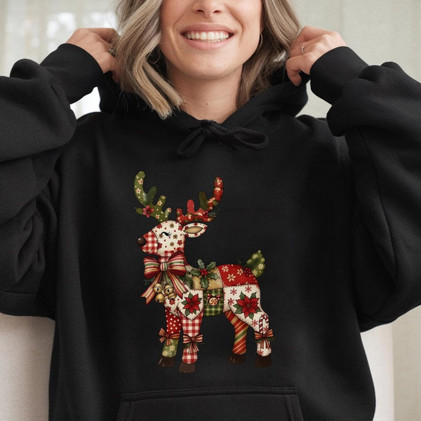 Festive Patchwork Holiday Sweatshirt, Christmas Reindeer Hoodie, Adorable Winter Deer Graphic Hooded Pullover, Comfy Xmas Sea