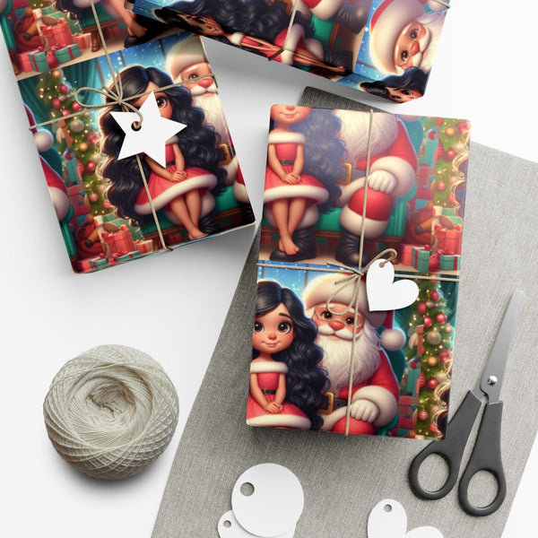 African American Holiday Gift Wrap Roll, Kawaii Santa and Black Girl Wrapping Paper, Adorable Christmas Wrapping Paper, Kids 