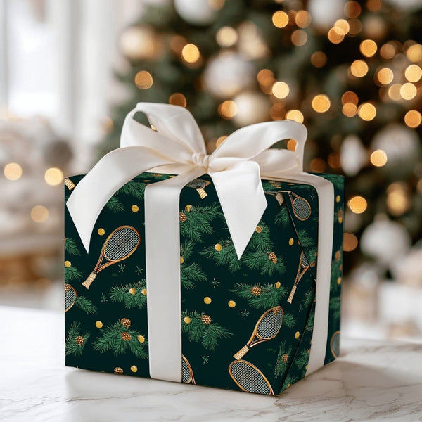 Christmas Pine Tennis Gift Wrap, Vintage Tennis Racquet Wrapping Paper, Sports Holiday Wrapping Paper, Tennis Player Christma