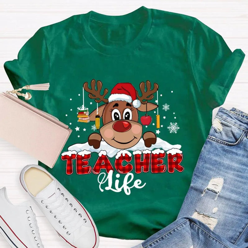 Red Plaid Teacher Shirt, Christmas Teacher Life T-Shirt, Holiday Educator Tee, Festive Plaid Graphic T-Shirt, Teacher Christmas Present Tee
