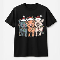 Humorous Santa Hat Pig Shirt, Christmas Pigs T-Shirt, Adorable Holiday Lights Farm Pig Graphic Tee, Country Farm Life Christmas Pig Lover T-Shirt