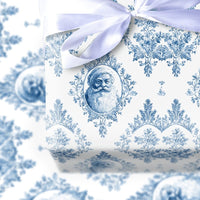Blue and White Toile Damask Gift Wrap, Vintage Santa Wrapping Paper, Elegant French Country Wrapping Paper, Holiday Christmas Present Wrap