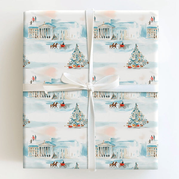 Winter City Christmas Gift Wrap, Horse Drawn Carriage Wrapping Paper, Watercolor Holiday Wrapping Paper, Vintage Festive Wrap