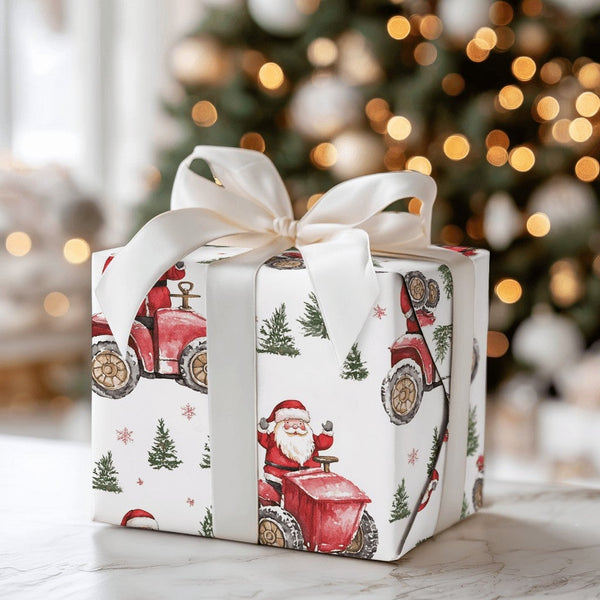 Farmhouse Santa Gift Wrap Roll, Santa on Tractor Christmas Wrapping Paper, Watercolor Holiday Wrapping Paper, Rustic Christma