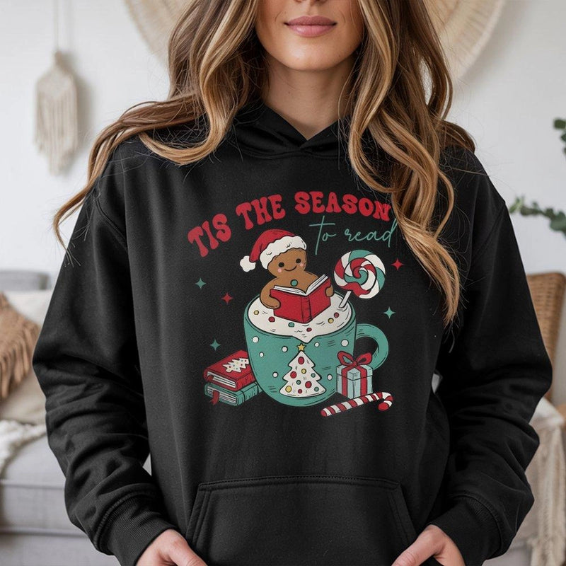 Adorable Gingerbread Reading Bookish Hooded Sweatshirt, Tis the Season to Read Hoodie, Christmas Book Lover Pullover, Comfy Winter Holiday Present