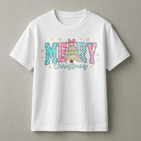 Coquette Aesthetic Pink Tree Shirt, Merry Christmas T-Shirt, Checkered Holiday Bow Tee, Adorable Festive Xmas Graphic T-Shirt for Her