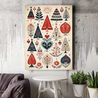Nordic Holiday Woodland Pattern Canvas Print, Scandinavian Folk Art Christmas Trees Wall Art, Festive Poster, Digital Download