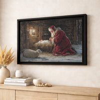 Religious Nativity Canvas Wall Art, Santa Kneeling at Manger Canvas Print, Christian Christmas Canvas, Holiday Nativity Scene Home Decor