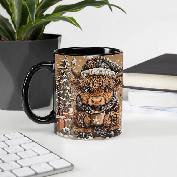 Winter Animal Coffee Mug, Comfy Highland Cow Mug, Knit Hat Scarf Ceramic Cup, Adorable Christmas Tea Mug, Holiday Present for