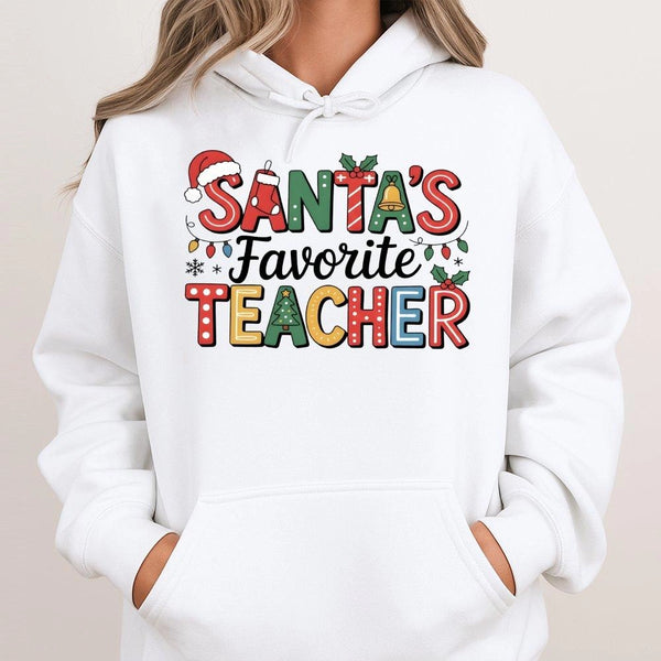 Festive Christmas Teacher Hoodie, Santa's Favorite Teacher Hoodie, School Holiday Graphic Hoodie, Adorable Educator Pullover,