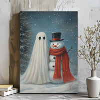 Spooky Christmas Winter Canvas Print, Ghost and Snowman Canvas Wall Art, Whimsical Holiday Ghost Wall Art, Adorable Winter Wall Decor