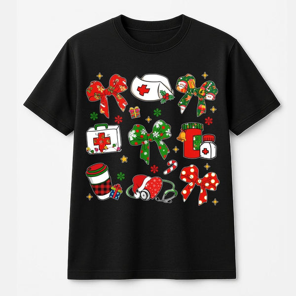 Coquette Bow Nurse T-Shirt, Nurse Christmas T-Shirt, Adorable RN Holiday Graphic Tee, Medical Nursing Student T-Shirt, Holida