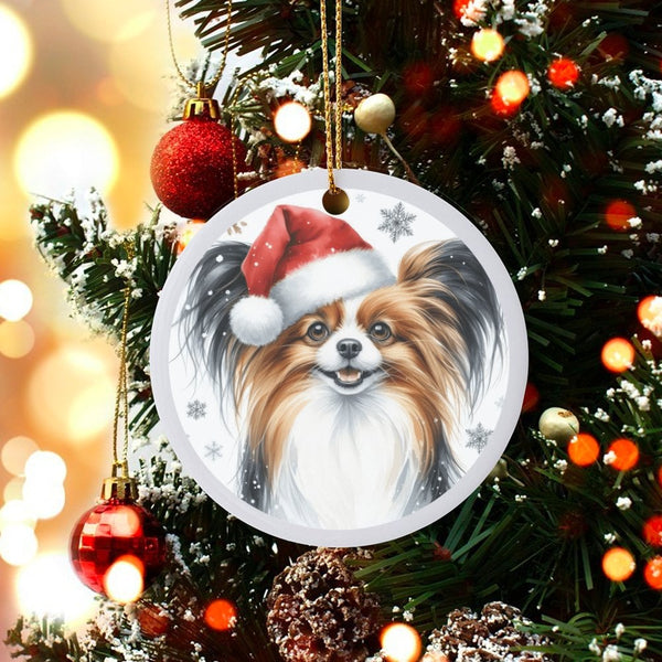 Santa Hat Dog Ornament, Papillon Christmas Ornament, Festive Puppy Tree Ornament, Ceramic Pet Keepsake, Holiday Present for D