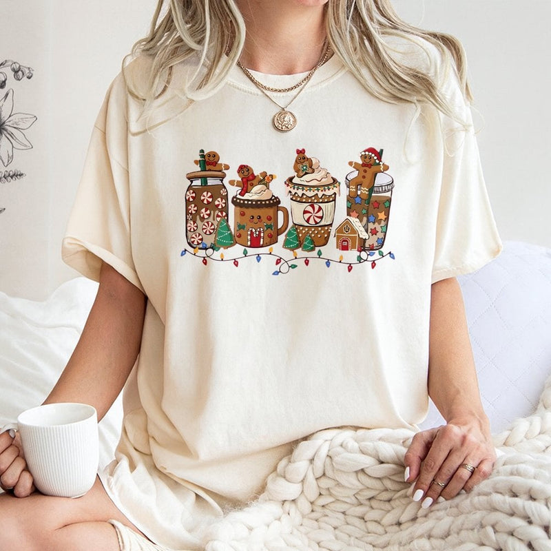 Adorable Holiday Drink Graphic Shirt, Gingerbread Coffee Christmas T-Shirt, Festive Coffee Lover Tee, Winter Seasonal Aesthetic T-Shirt