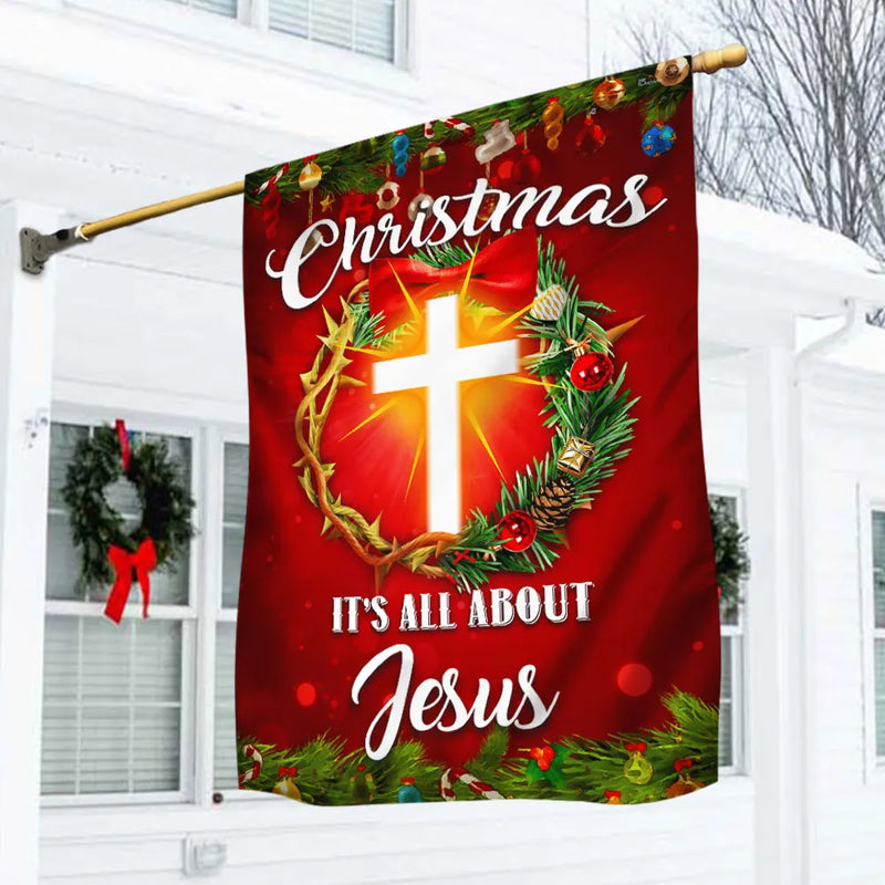 Crown of Thorns Cross Wreath Yard Flag, Its All About Jesus Christmas Garden Flag, Double Sided Religious Holiday Lawn Flag
