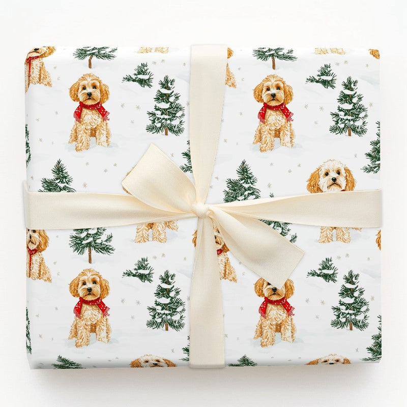 Adorable Dog in Red Scarf Gift Wrap, Cockapoo Christmas Wrapping Paper, Holiday Dog Lover Wrapping Paper Roll, Winter Puppy Present Paper Wrap