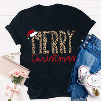 Cheetah Holiday Graphic Tee, Leopard Print Merry Christmas Teacher Shirt, Festive Animal Print Teacher Shirt, Teacher Xmas Present Tee