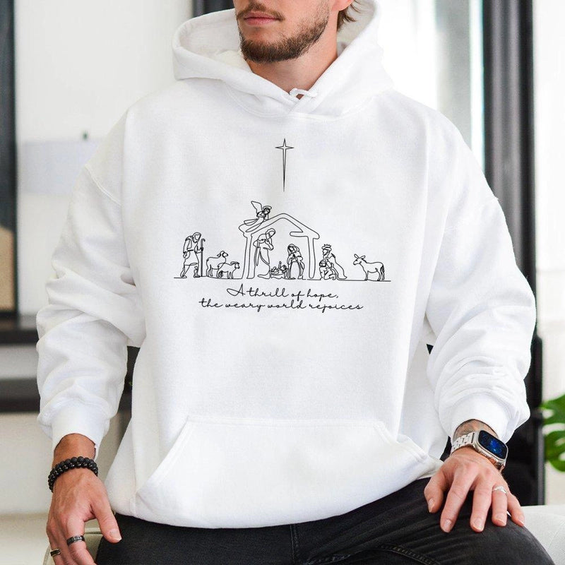 Minimalist Holy Night Hooded Sweatshirt, A Thrill of Hope Nativity Hoodie, Christian Christmas Scripture Pullover, Faith Holiday Sweater