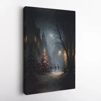 Winter Night Deer and Tree Scene Wall Art, Snowy Christmas Village Canvas Print, Moody Holiday Decor Poster, Digital Download