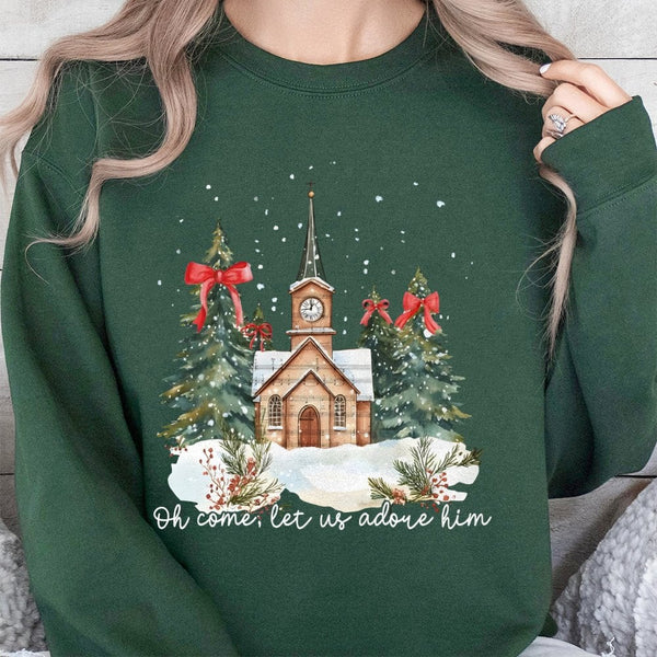 Watercolor Church Christmas Crewneck, Oh Come Let Us Adore Him Sweatshirt, Christian Nativity Religious Pullover, Holiday Fai